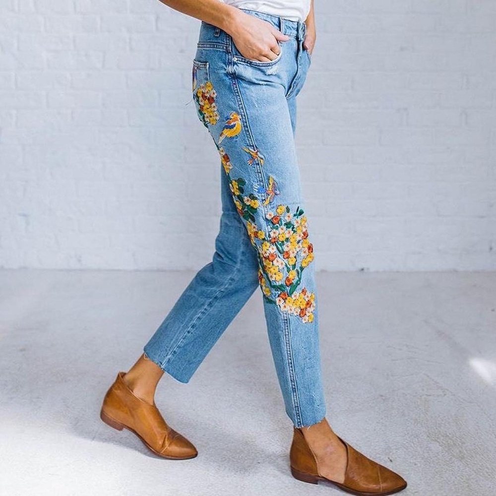 Free People Blue Floral Embroidered Cropped Jeans